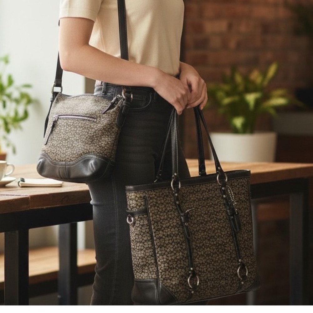Coach Signature Tote and Crossbody Bag Set Black Grey Designer Y2K Classic Logo